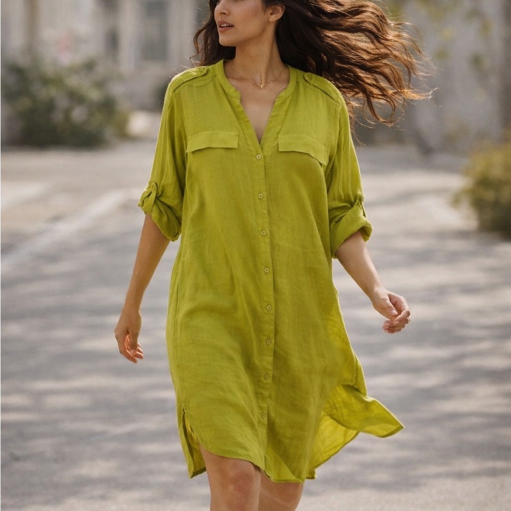 New Elegant‎ Calvin Klein Linen Blend Celery Shift Shirt Dress Women's size 12